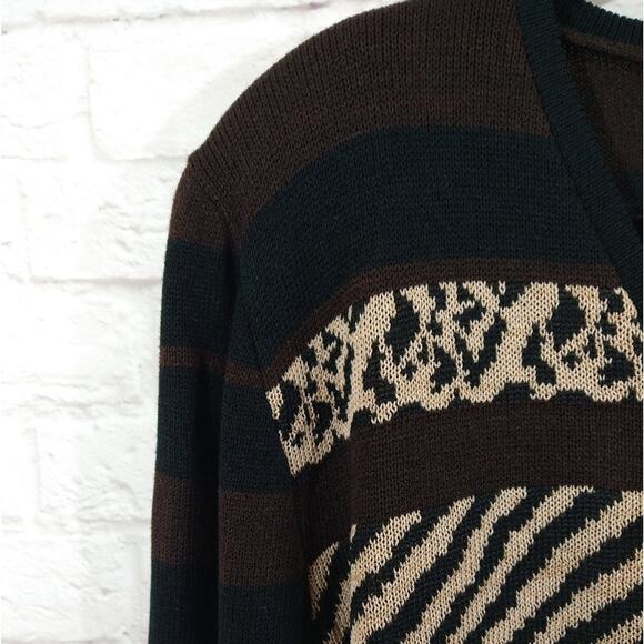 A Vintage Dylani Knitwear Zebra Leopard Print Brown Striped Full Zip Sweater L - Picture 4 of 10